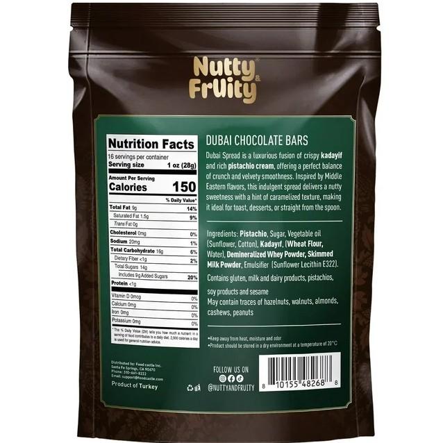 Nutty Fruity Dubai Chocolate Bars Milk Chocolate with Pistachios and Kadayif Individually Wrapped 16 oz Middle Eastern Inspired Fusion Treat