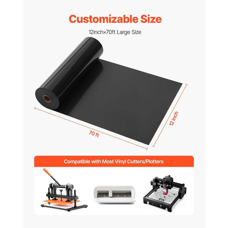 VEVOR Heat Transfer Vinyl, 12 in x 70 ft, Glossy Black HTV Iron on Vinyl Roll, Easy to Cut and Weed, Strong Adhesion, Compatible with Cutting Machines, for Various Materials, T-shirts, Pillows, Hats