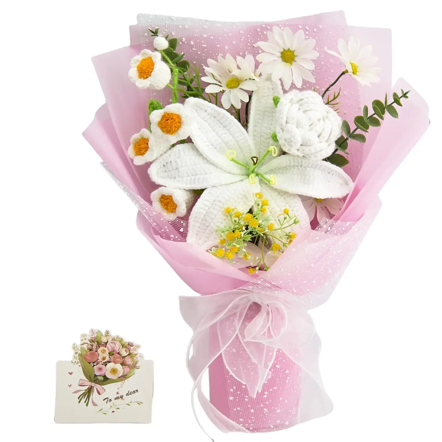 YShomy Handmade Crochet Flowers Bouquet Gift for Girlfriend Birthday Wedding Anniversary Just Because Graduation Gift with Tulips Lily of the Valley Forever Flowers for Her with Greeting Card US Fast Shipping Wedding Home Decor Women's Gift