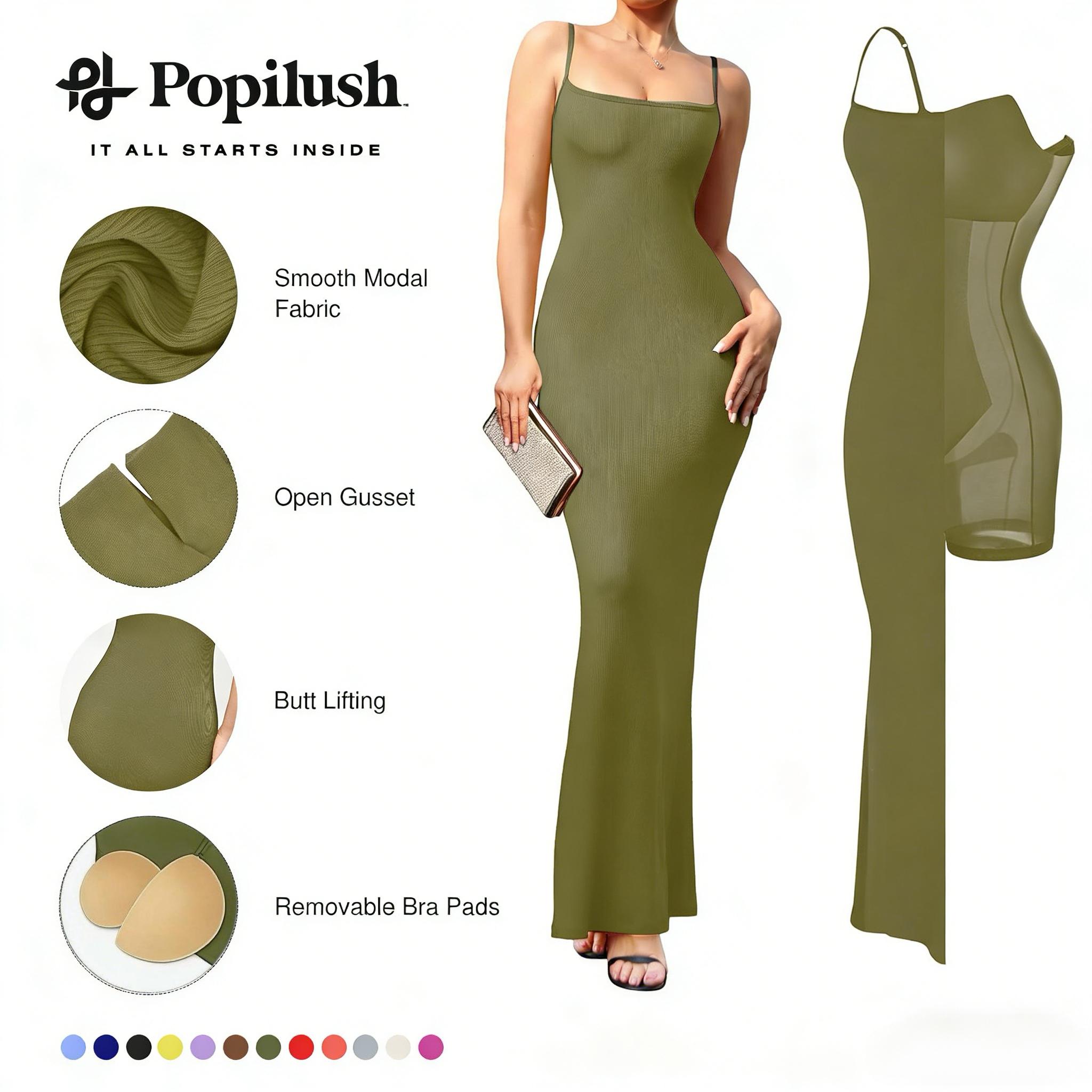 Popilush Modal Built-in Shapewear Maxi Dress for Women - Sleeveless Spaghetti Strap Backless Slimming Dress for Cocktai