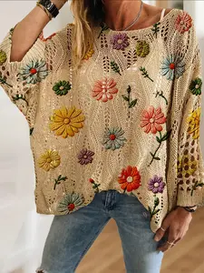Women's Floral Colorblock Print Knit Hollow Out Top, Casual Elegant Vacation Style Sweater, Comfortable Breathable Loose Fit Women's Shirt, Casual Chic Jumper