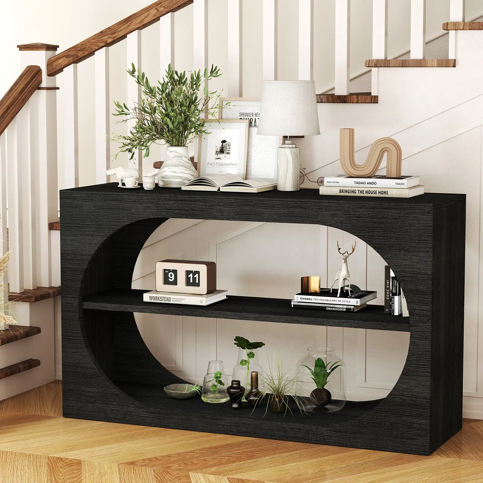 55-Inch Farmhouse Entryway Console Accent Table - 3-Tier Narrow Storage Shelves, Space-Saving Indoor Furniture for Entryways, Living Rooms, Apartment Decor, Room Storage