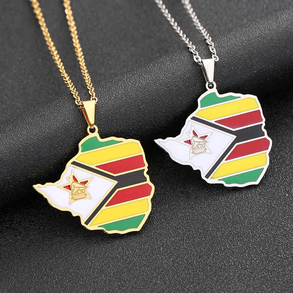 Zimbabwe Map Stainless Steel Couple Necklaces - Geometric Pendant Chain, Fade-Resistant Artificial Gemstone Jewelry, Exquisite Jewelry Gift for Men & Women, Stainless Steel Necklaces