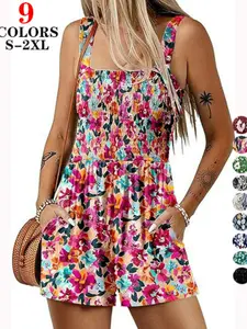 2026 Summer Women's Floral Print Romper, Casual Loose Sleeveless Short Overalls One Piece Jumpsuit with Pockets for Beach Vacation Daily Brunch Weekend Getaway Wear
