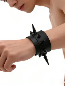 Punk Style Spiked Leather Bracelet, Punk Aesthetic, Dark Cone Rivet Double Layer Wristband, Unique Cool Street Fashion Accessory, Edgy Bracelet
