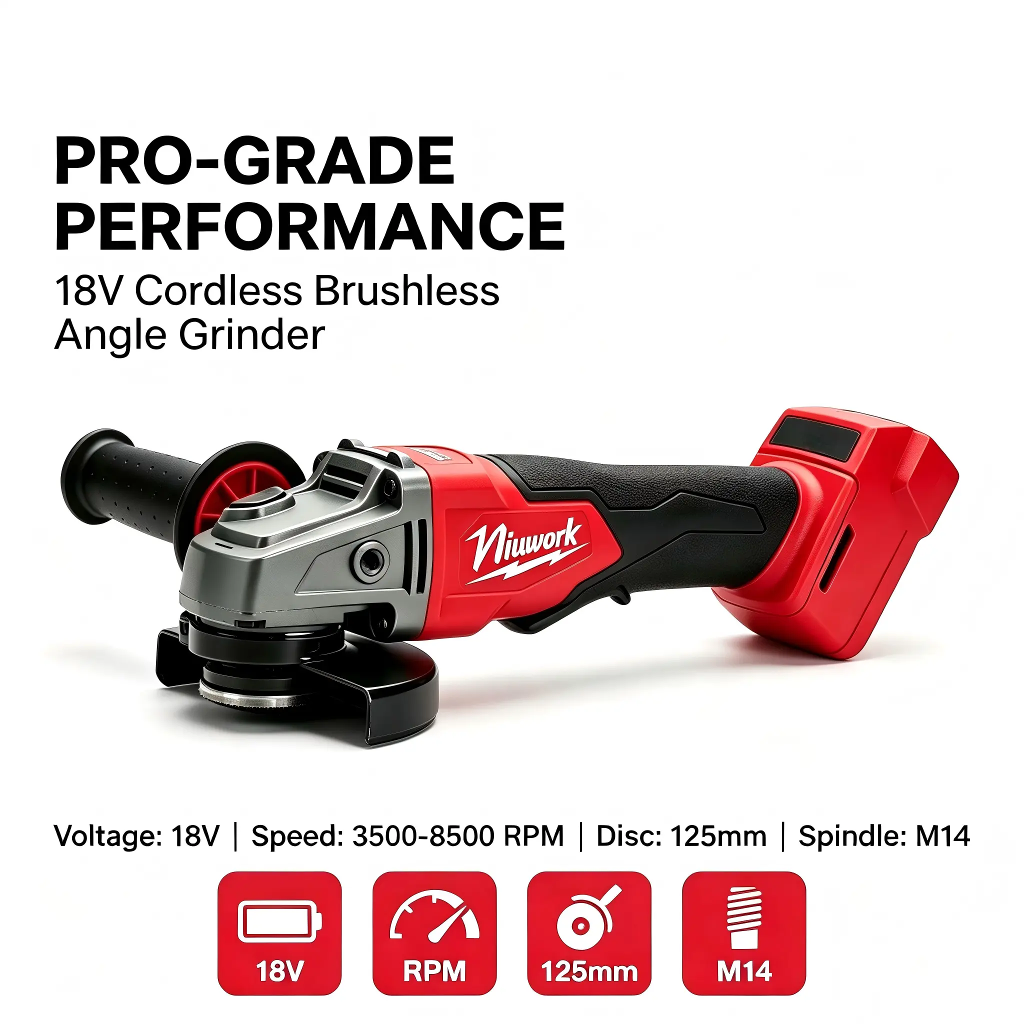 NiuWork High Power 4-1/2" Cordless Angle Grinder, Compatible with M18 Batteries, Smooth Cutting for Metal, Rust-Resistant Build