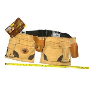 12 pocket split leather tool apron pouch with 2 steel hammer holder