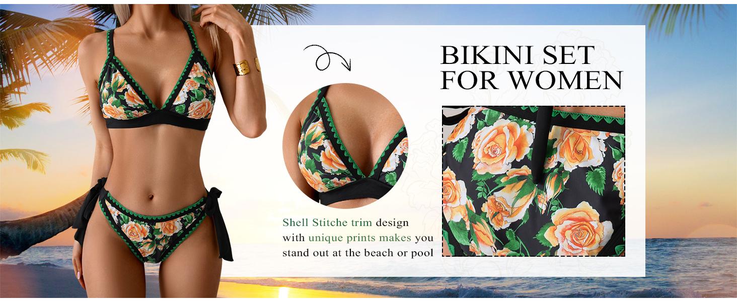 Aidonger bikini Sets for Women Floral Two Piece Bathing Suit V Neck Shell Stitched Swimsuit Tie Side Triangle Swimwear