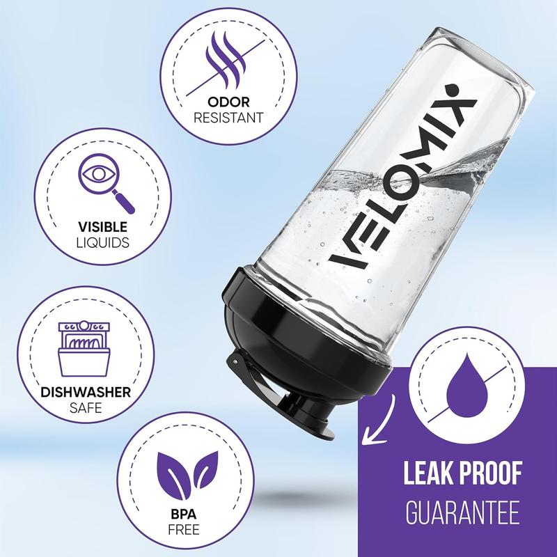 -2 Pack- 28 Oz Protein Shaker Bottles for Protein Mixes - 2X Wire Whisk | Leak Proof Shaker Cups for Protein Shakes | Protein Shaker Bottle Pack (Black/Transparent) VELOMIX