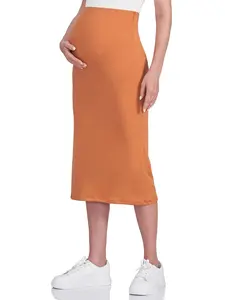 POSHDIVAH Women's Maternity Skirt Over The Belly Midi High Waisted Solid Stretchy Pregnancy Pencil Skirt pregnancy supply summer clothes