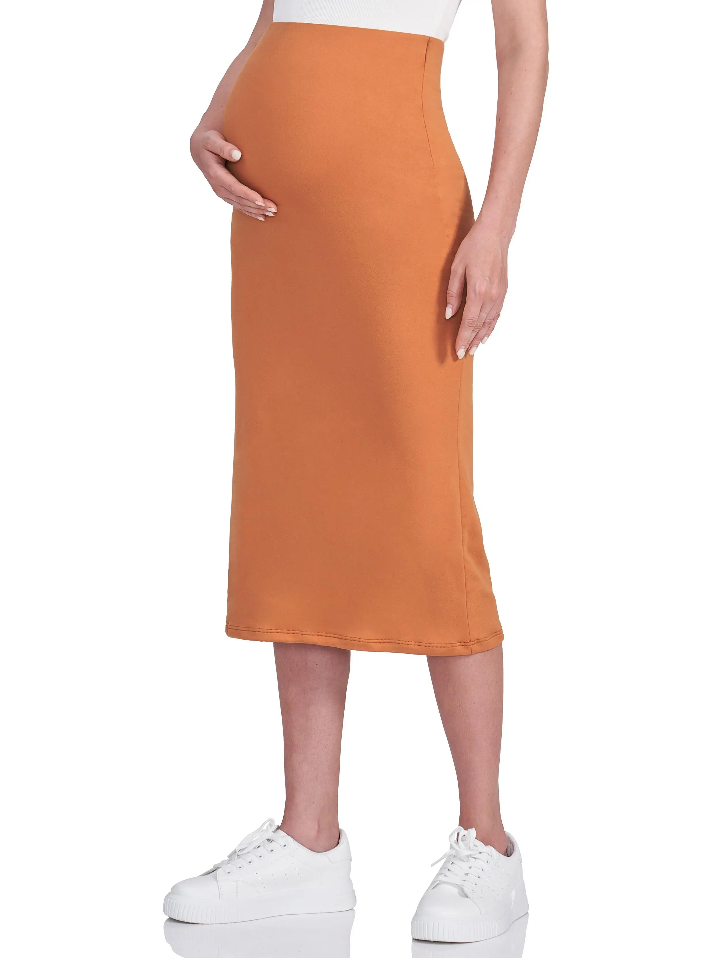 POSHDIVAH Women's Maternity Skirt Over The Belly Midi High Waisted Solid Stretchy Pregnancy Pencil Skirt pregnancy supply summer clothes