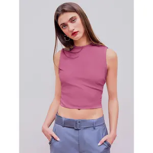 Cider Round Neckline Solid Sleeveless Ruched Crop Top