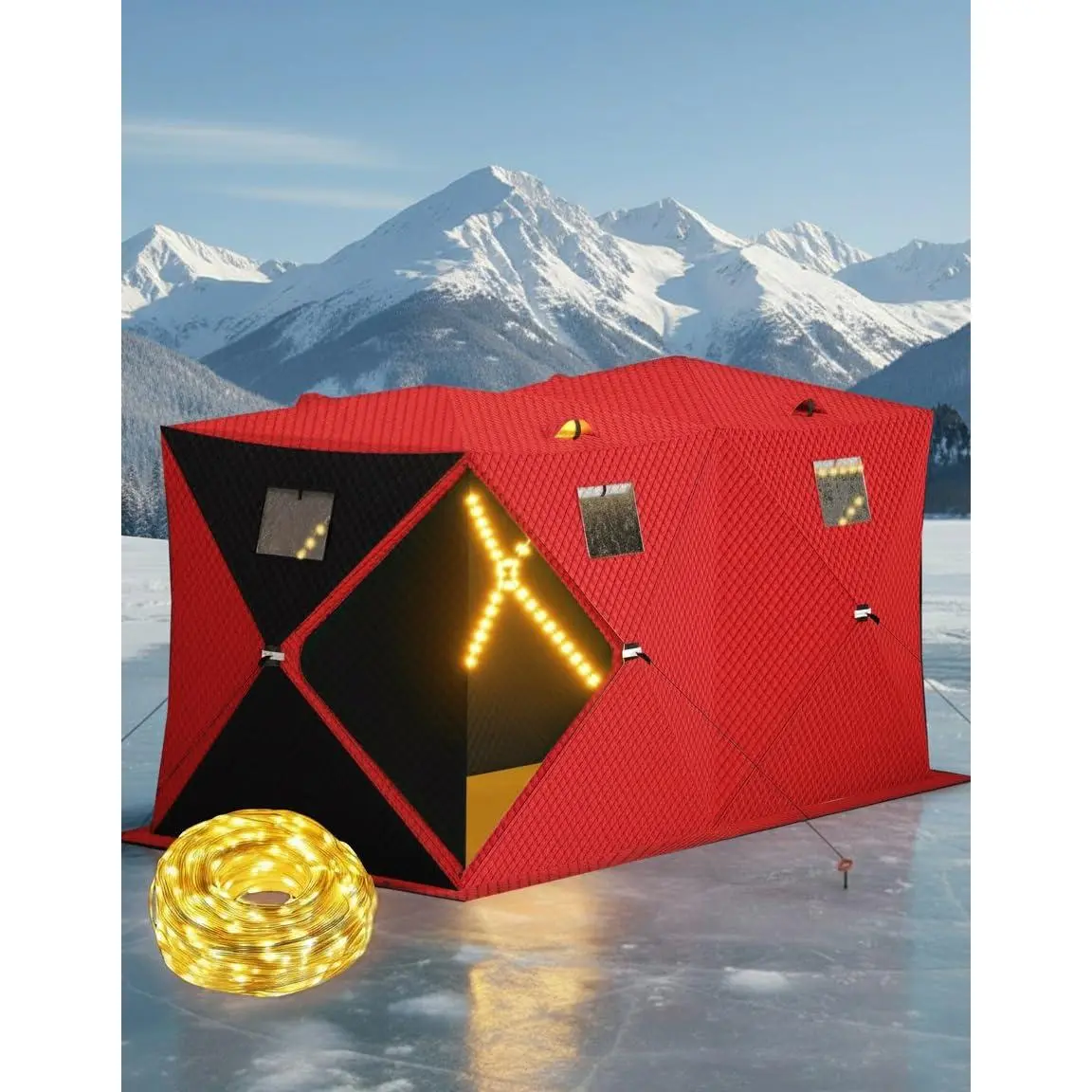 Portable Pop Up Ice Fishing Shelter with Insulated Tent, 49ft LED Light Strip, Windproof Hub Design, Ground Stakes, 1-8 Person Capacity, 25-69 sq ft Fishable Area, Red+Black, Ground Stake