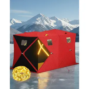 Pop Up Ice Fishing Shelter and Insulated Ice Fishing Tent with 49ft LED Light Strip, Windproof Portable Hub Design, Fits 1-8 People, 25-69 sq ft Fishable Area, Red+Black