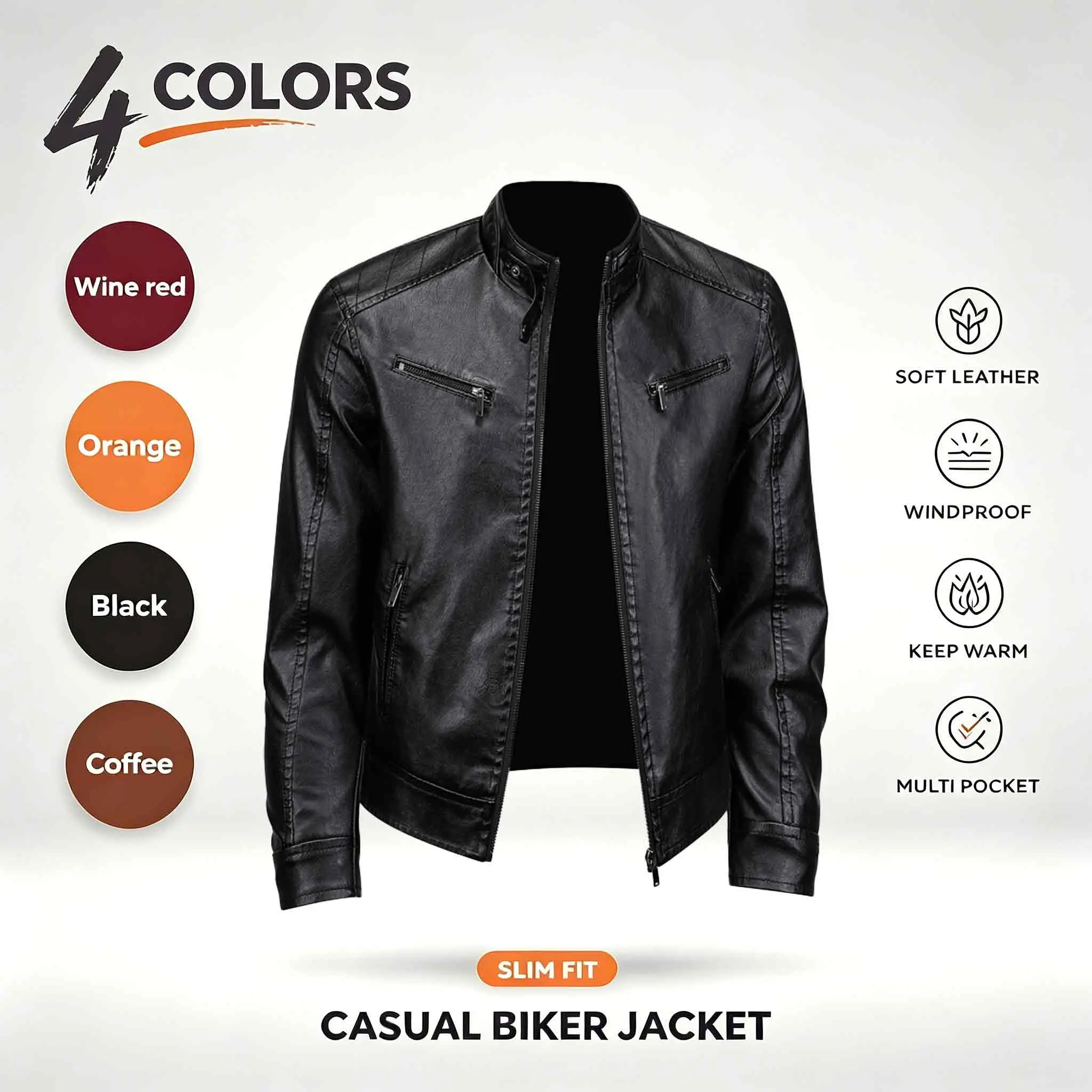 Men's Stand Collar Motorcycle Leather Jacket - Slim Fit, Multi-Pocket, Windproof, Warm, Casual Riding Menswear Coat (4 Colors Available)