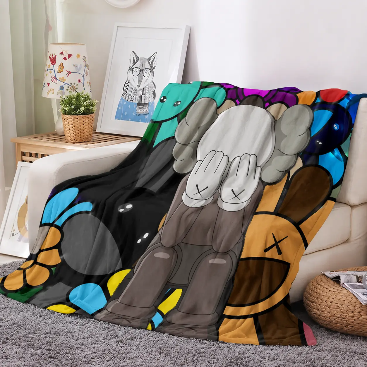 Takashi Murakami Inspired Floral Print Flannel Breathable Soft Blanket - Anti-Pilling, Lightweight Floral Bedding, Cozy Setup for Living Room Sofa, Room Decor Cozy Accessories, Art Lovers Gift, Cozy Room Accessories