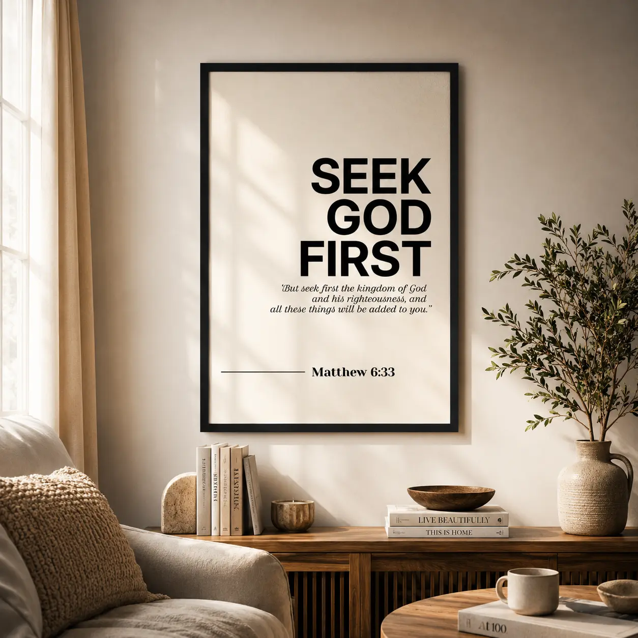 Inspirational Matthew 6:33 Seek God First Bible Verse Artistic Print, Waterproof Christian Paintings, House Decor for Kitchen & Room Decoration