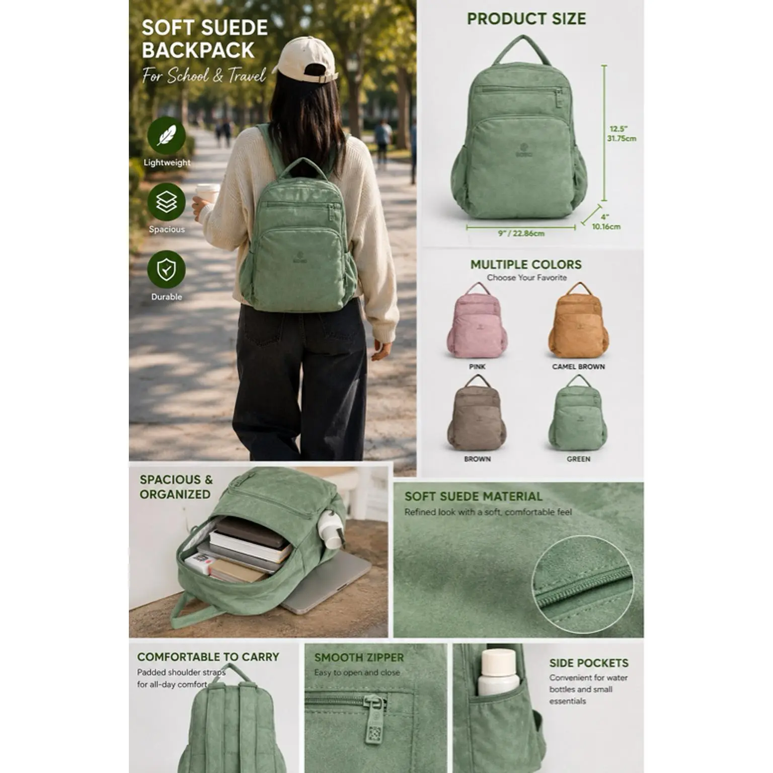 Soft Suede Backpack for School Work Travel and Everyday Use Lightweight Spacious Comfortable with Adjustable Straps Multiple Compartments in Pink Camel Brown  yellow  and Green