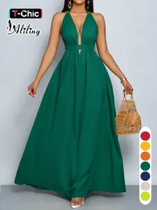 Spring Summer Casual Sexy Plain Women's Dress, Backless Halter Neck Tie Bow Knot High Waist Long Loose Fit Sleeveless, Fashionable Ladies' Clothing
