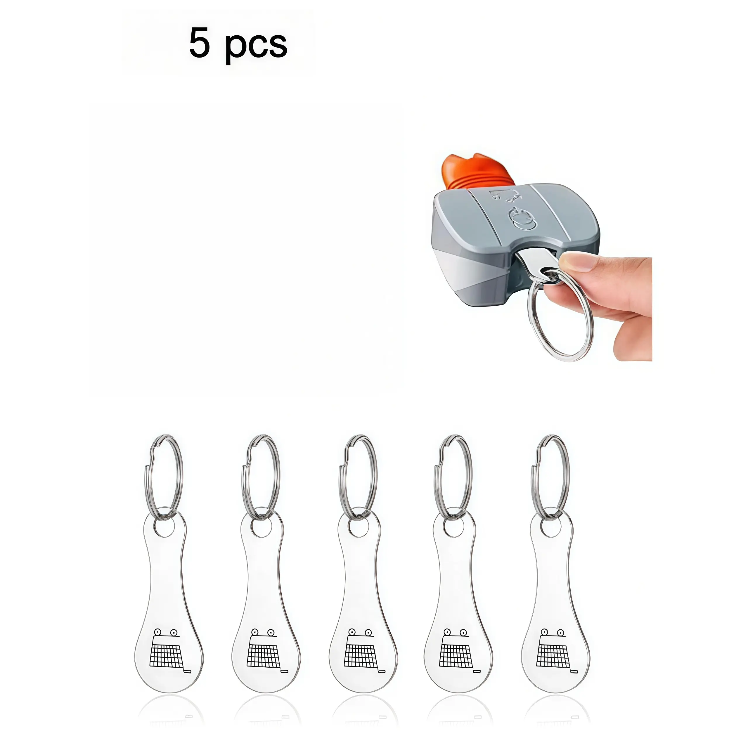 5pcs stainless steel shopping cart tokens, shopping cart keychains, durable, polished, lightweight, portable, engravable, cute cartoon design, waterproof, rust proof. Release shopping cart tokens and unlock shopping cart keys