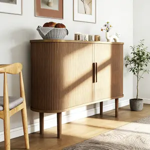 55in Storage Sideboard Modern Fluted Buffet Cabinet with Sliding Door & Solid Wood Legs for Kitchen Living Room Bedroom 140x40x85cm