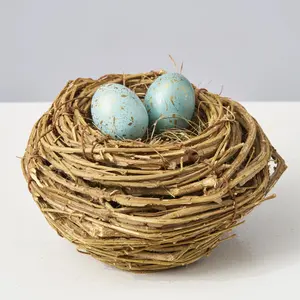 Woven Twig Faux Bird Nest with Two Blue Metallic Speckled Eggs