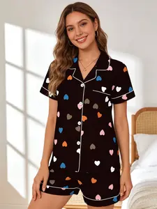 Women's Heart Pattern All Over Print Pyjama Set, Short Sleeve Loose Fit Sleepwear, Breathable Comfortable Nightwear for All Seasons, Loungewear