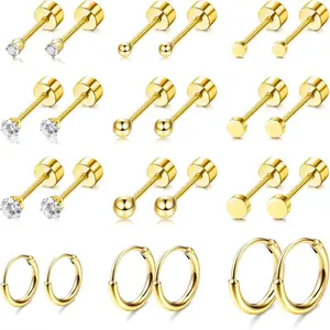 Graduation Gift Small Tiny Stud Flat Back Earring Hypoallergenic Gold Studs 14K Surgical Steel Earring Sets for Multiple Piercing Cartilage Hoop Earrings