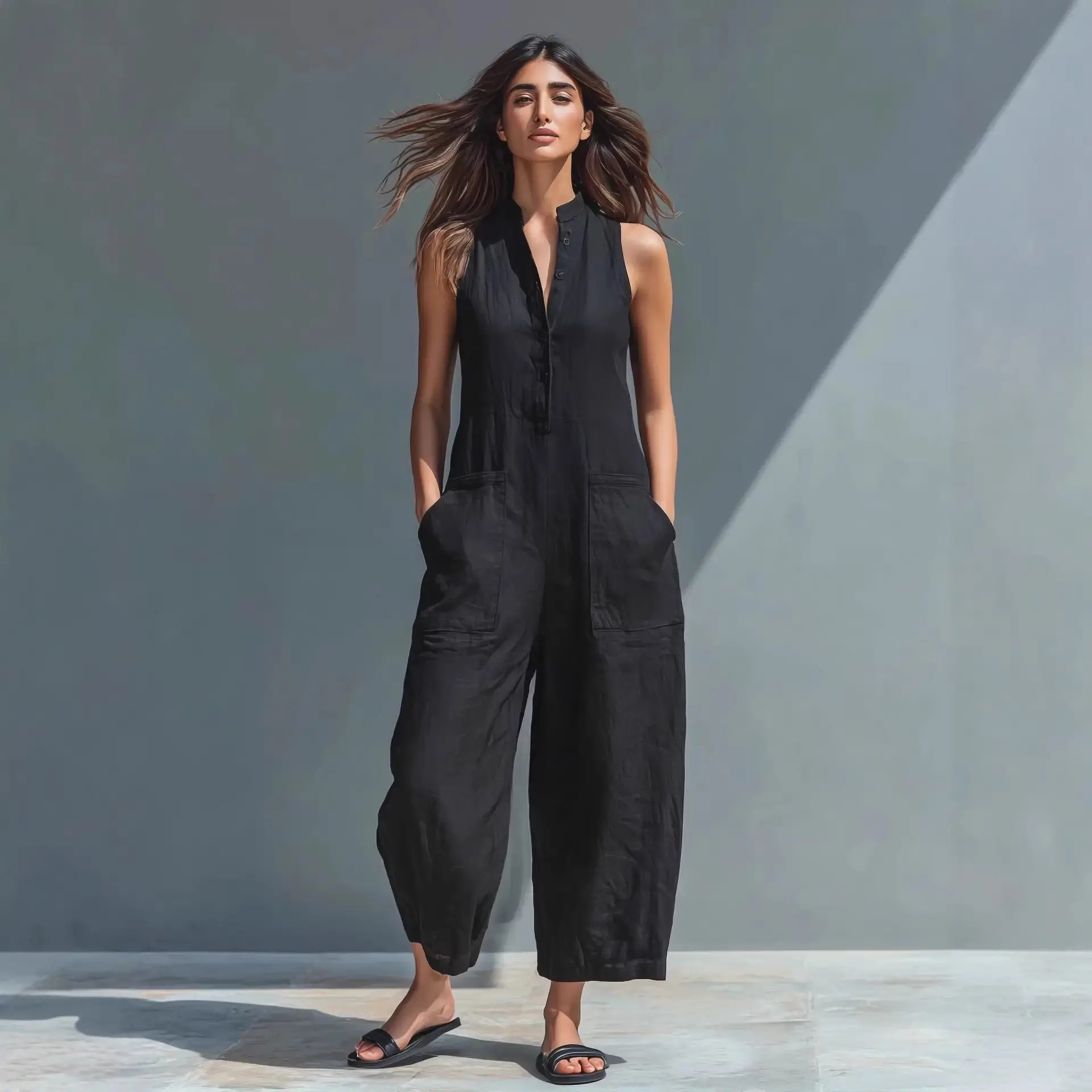 Women's Casual Baggy Jumpsuit, Solid Color Sleeveless Mock Neck with Wide Lantern Legs and Pockets, Chic Lady Overalls