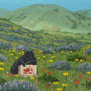 Basic Needs- 9"x12" Art Print Featuring Black Cat with take-out in Flower Field Design