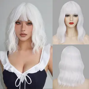 White Bob Wig with Bangs Short Wavy Wig for Women Loose Wavy  Length Colorful Synthetic Wig for Girl  Costume Wigs