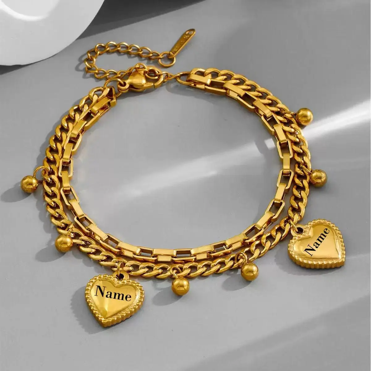 Women's Custom Engraved Bracelet, Fashion Double-Layer Jewelry with 2 Peach Hearts, Personalized Name Bracelet Gift