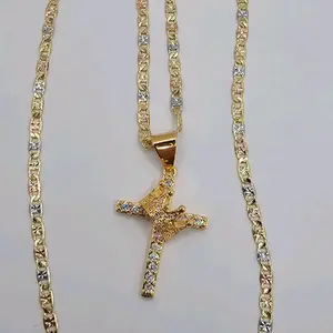 Cross with crown fashion necklace gold-plated three colors tones gold plated small chain