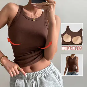 No Bra Needed Ribbed Tank Tops for Women, Built-in Bra Racerback Fitted Tops, Casual Sleeveless Shirts for Streetwear & Gym
