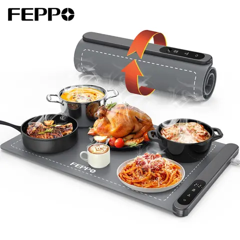 FEPPO Food Warming Mat - Premium Silicone Nano Material Kitchen Gadget with Upgraded High-Tech Heating System, Full-Surface Fast Heating, 6-Level Adjustable Temperature, 0-6h Timer, 6h Auto Shutoff, Hands-Free Roll-Up Tray for Holiday Hosts