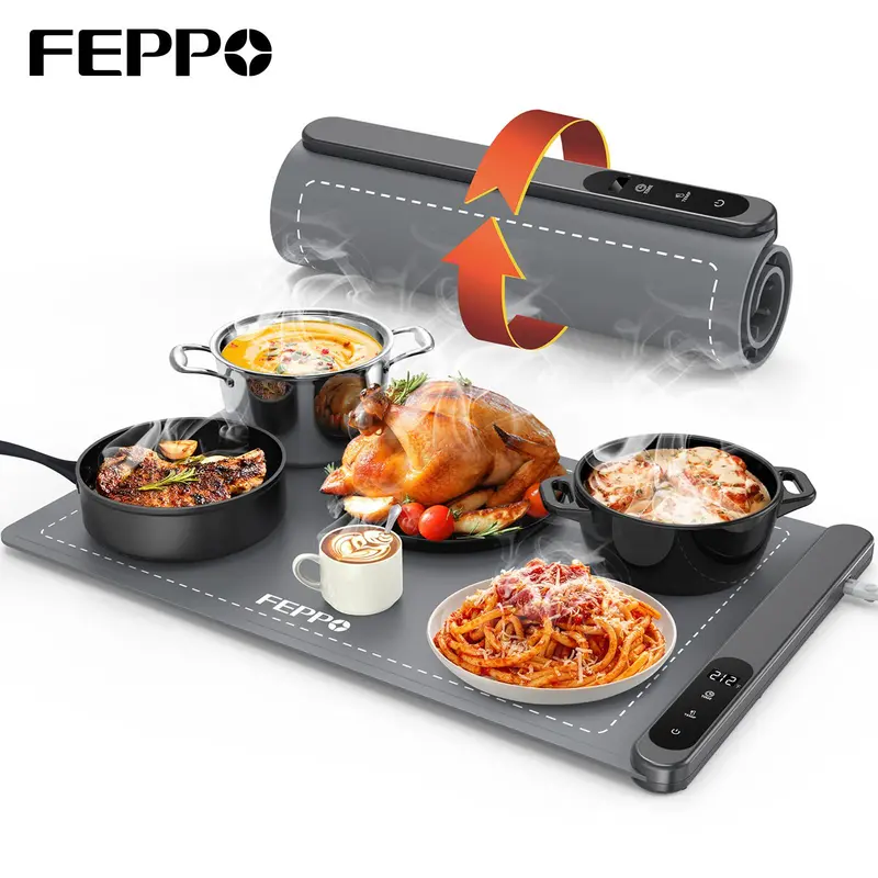 FEPPO Food Warming Mat - Premium Silicone Nano Material Kitchen Gadget with Upgraded High-Tech Heating System, Full-Surface Fast Heating, 6-Level Adjustable Temperature, 0-6h Timer, 6h Auto Shutoff, Hands-Free Roll-Up Tray for Holiday Hosts