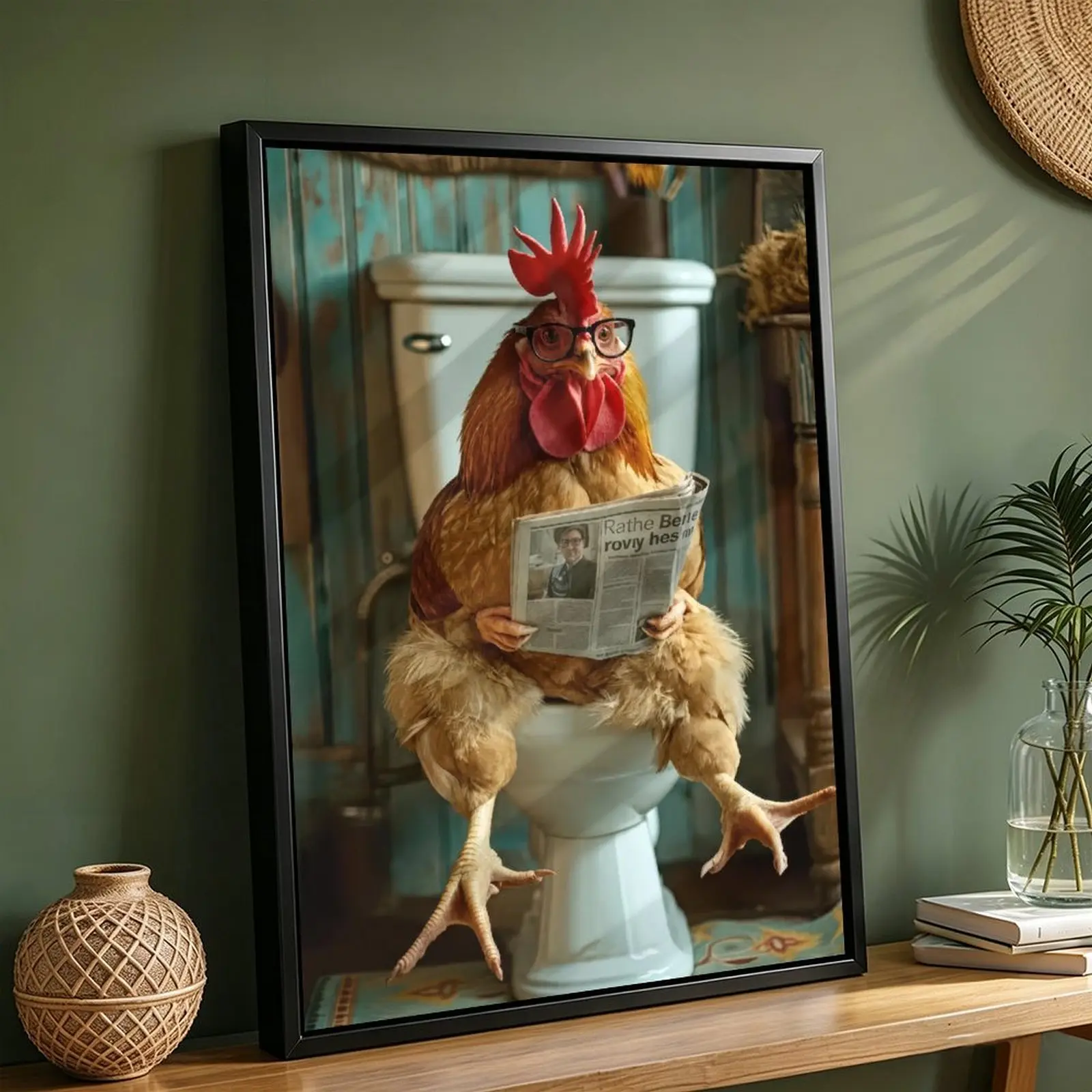 Artistic Chicken Print Framed Wall Art, Humorous Farm Animals Toilet Wood Print, Farmhouse Restroom Decor for Bathroom Home Supplies, Decoration