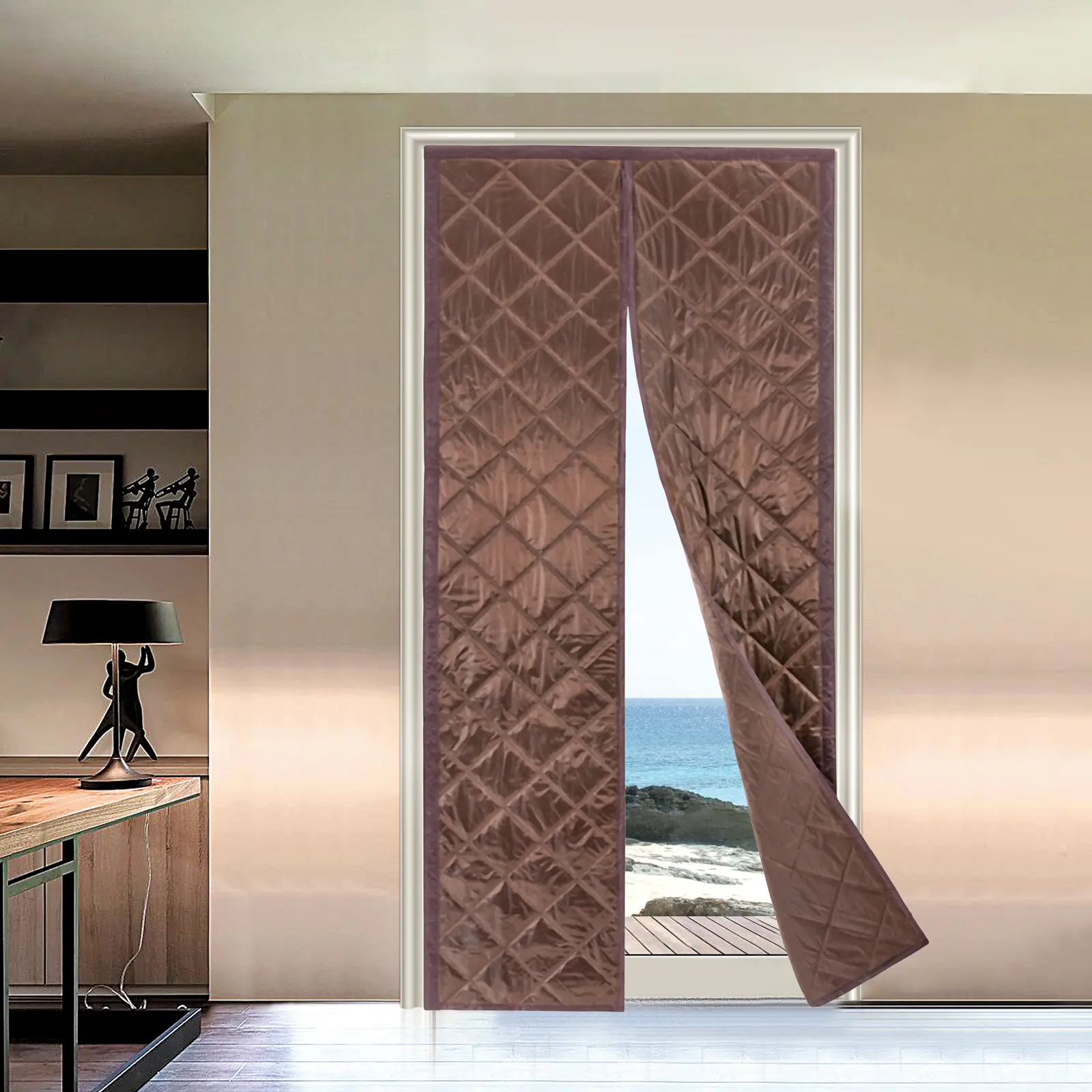 Magnetic Thermal Rectangular PVC Fabric Door Cover - 95x210cm Modern Insulating Coffee Screen for 36x82in Openings, Winter Summer AC Barrier, Easy Install