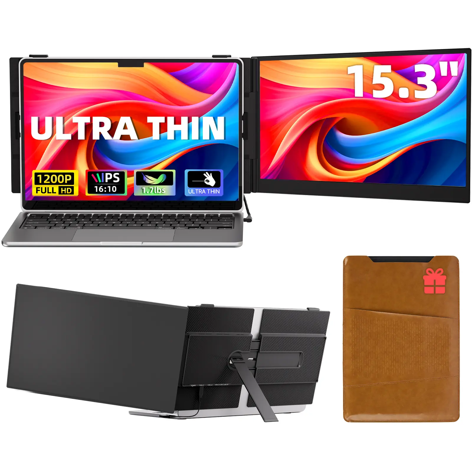 AOKER 15.3” Laptop Screen Extender, FHD IPS 100% sRGB Portable Travel Monitor for Laptop (15”-17.3” Screen), 16:10 Plug & Play External Screen, Second Extra Attachment Display for Windows Mac