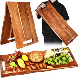 Large Longan Wood Meat Platter with Handle, 33x12 Inch Foldable Wooden Tray, Perfect for Party Appetizers, Cheese, Meats, New Home Gifts