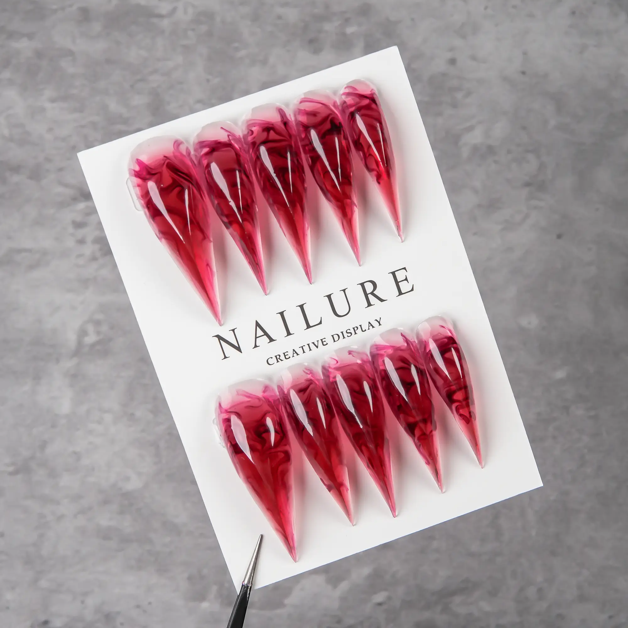 Handmade Ultra-Long Press-On Nails, Goth Teardrop Tip with Wine Red Blood Drip Design, Jelly Glass Finish for a Bold Look & Everyday Wear