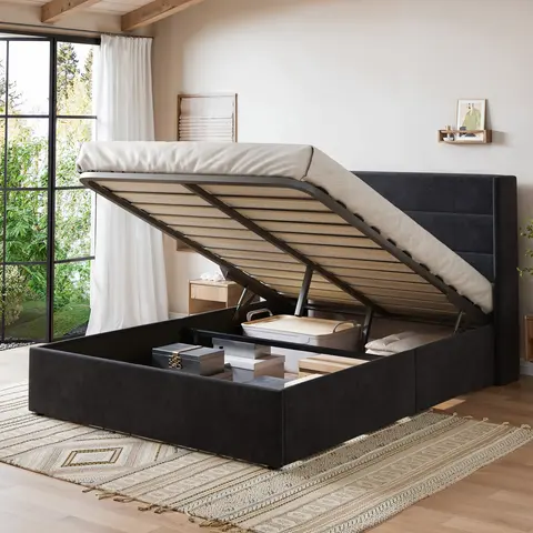 MUTICOR Gas Lift-Up Storage Bed Frame, Linen or Velvet Upholstered Headboard,No Box Spring Needed,Solid Wood Slats,Full/King/Queen Size Bed Frame