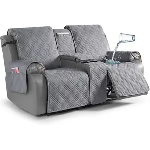 Loveseat Recliner Cover with Center Console, 100% Waterproof Pet Covers for Dual Recliner with Straps, Split Reclining Loveseat Cover Furniture Pet&Kids Protector (2, Gray)