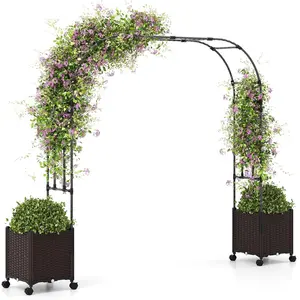 80" Garden Arch Trellis, Metal  Pergola with 2 Planter Boxes, Detachable PE-Coated Metal Tubes, Self-Watering System & Lockable Wheels, Outdoor Arbor for Climbing