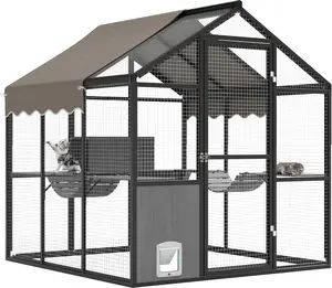 Gaomon 72-Inch Aluminum Outdoor Walk-In Escape-Proof Kitty Door House, Weatherproof UV-Protective Roof, Ideal for Multiple Cats, Escape-Proof Houses, Kitty Door Houses