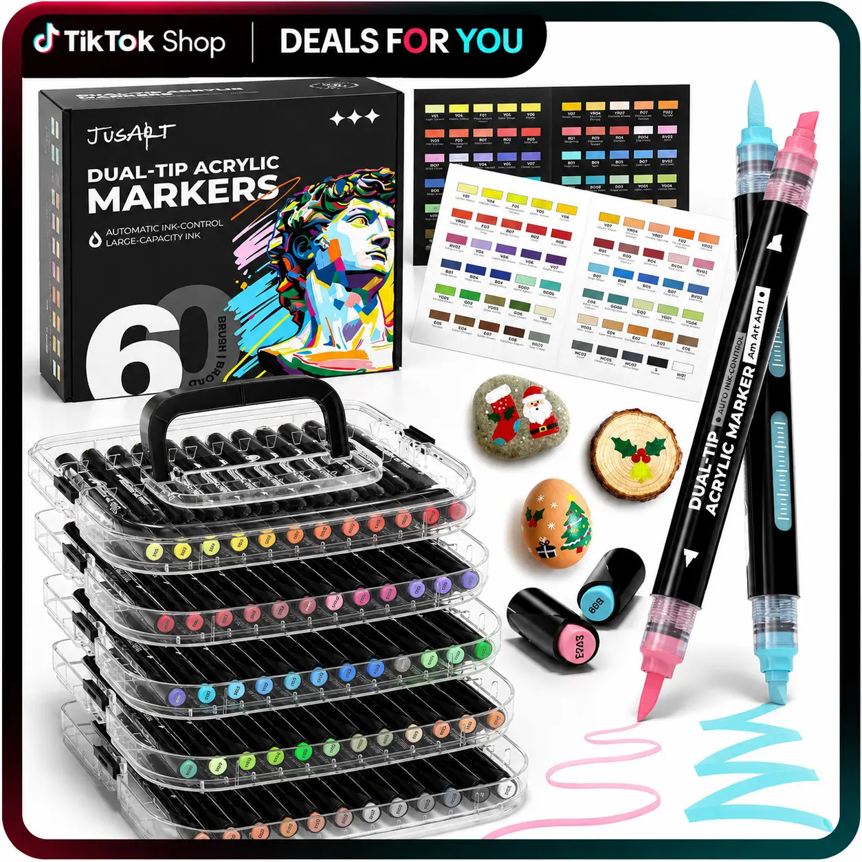 【Back to school shopping】36/60 Colors Dual‑Tip Acrylic Paint Markers with Clear Acrylic Plastic Storage Case, Broad & Brush Tip Pens, Automatic Ink Control Premium Paint Pens for Multi‑Surface Coloring, DIY Crafts & Art Supplies