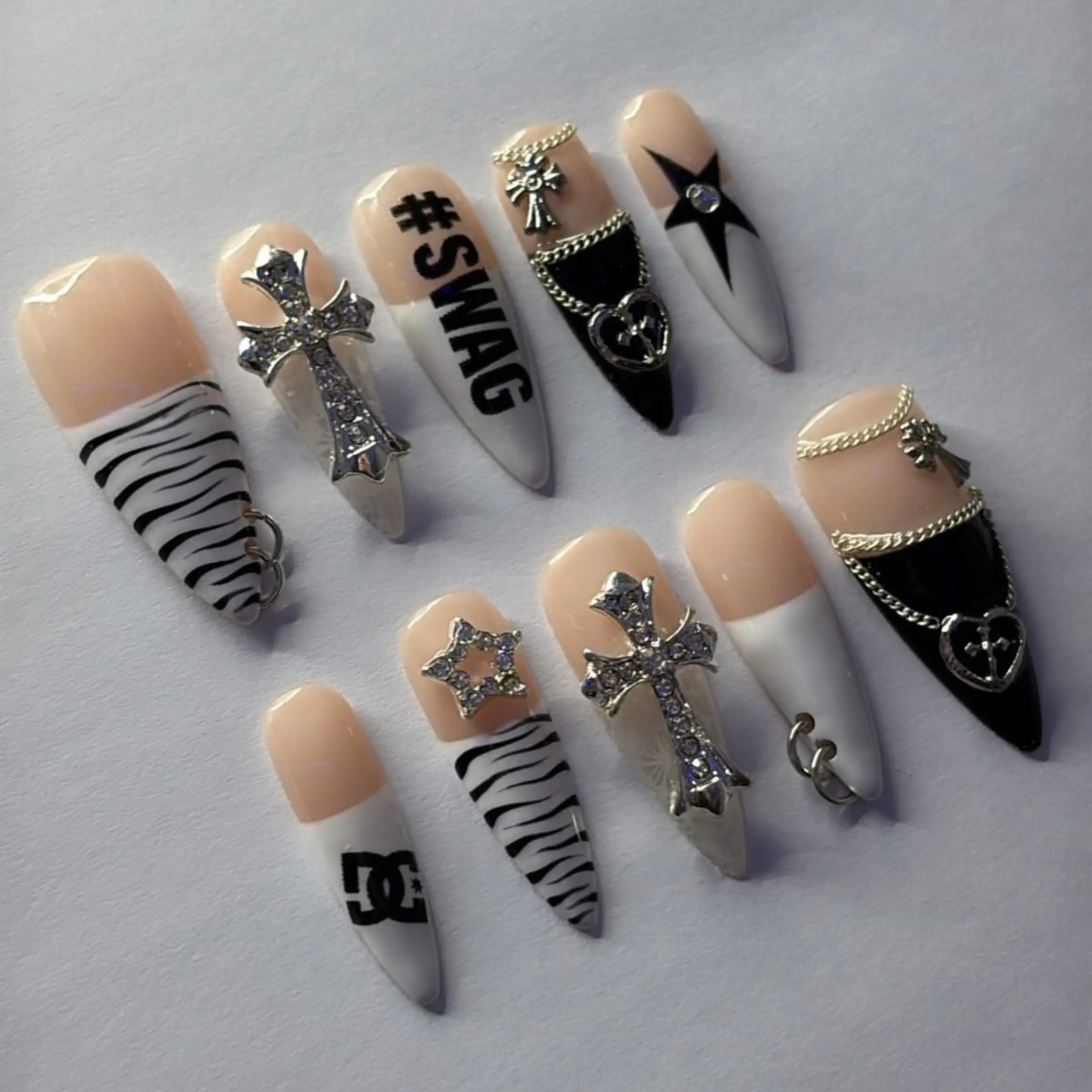 SWAG Y2K Press On Nails, Black & White Cross, Zebra, Rhinestone, Gothic Punk Statement Fake Nails