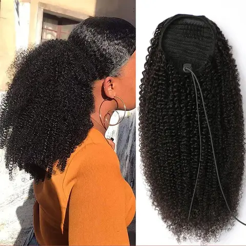 Women's Fluffy Afro Kinky Curl Remy Human Hair Adjustable Drawstring Ponytail Extensions - 10-24 In Mongolian Curly Clip-in Pieces with Fast Drawstring Fit for Instant Length Boost