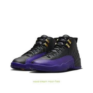 Black and Purple High-Top Retro Basketball Shoes with Black Leather Upper, Purple Overlays and Gold Lace Locks