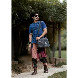 Koshi Black Stone-Washed Embroidered Laptop Messenger Bag